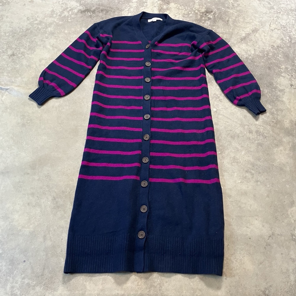 Loft Sweater Womens Size Small Navy Blue Striped Long Duster Cardigan‎